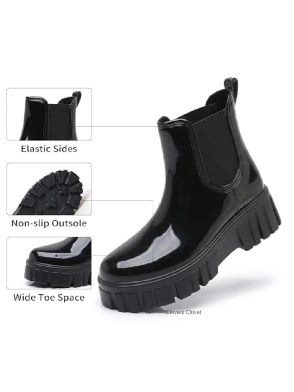 Waterproof Rubber Chelsea Rain Boots, Glossy Chunky Platform Ankle Booties,